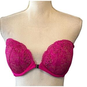 Victoria’s Secret Padded Strapless Rhinestone Embellished Lace Bra SZ 34D Pink